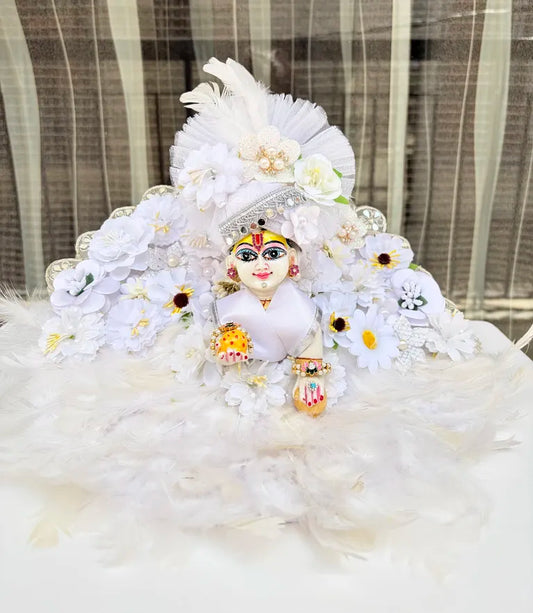 Laddu Gopal White Feather Floral Designer Poshak with Mukut