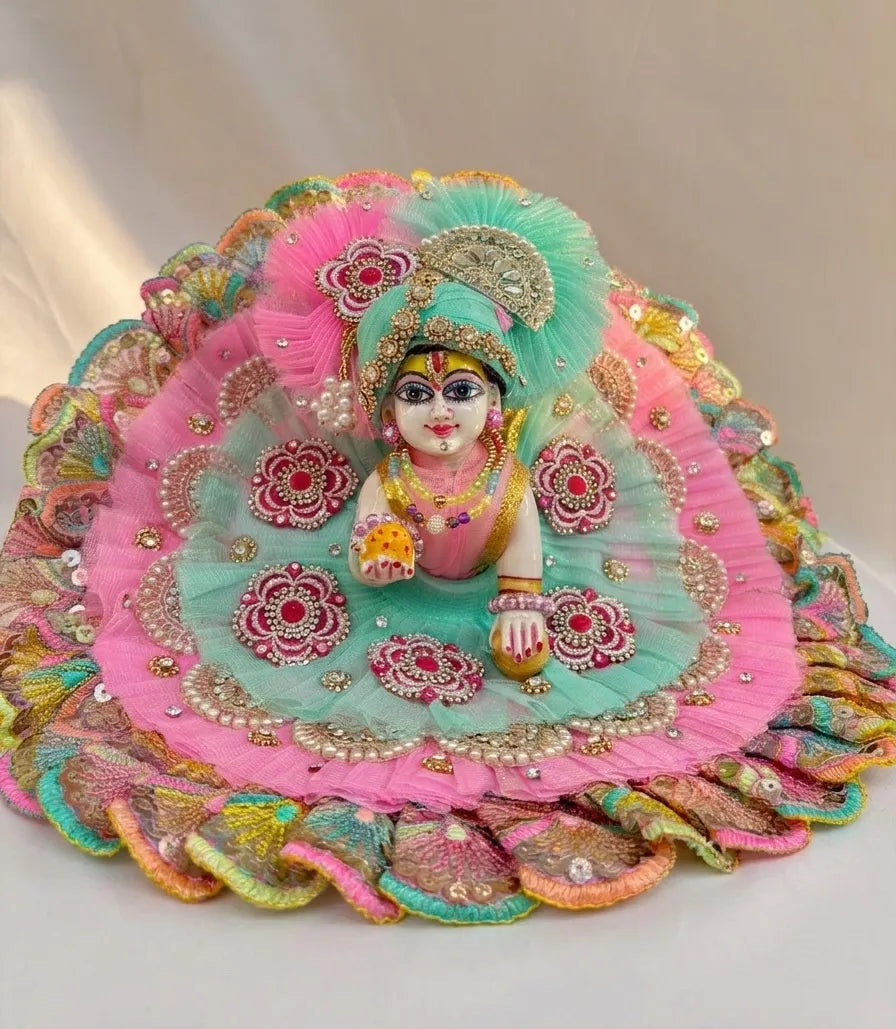 Teal & Pink Floral Designer Poshak with Mukut