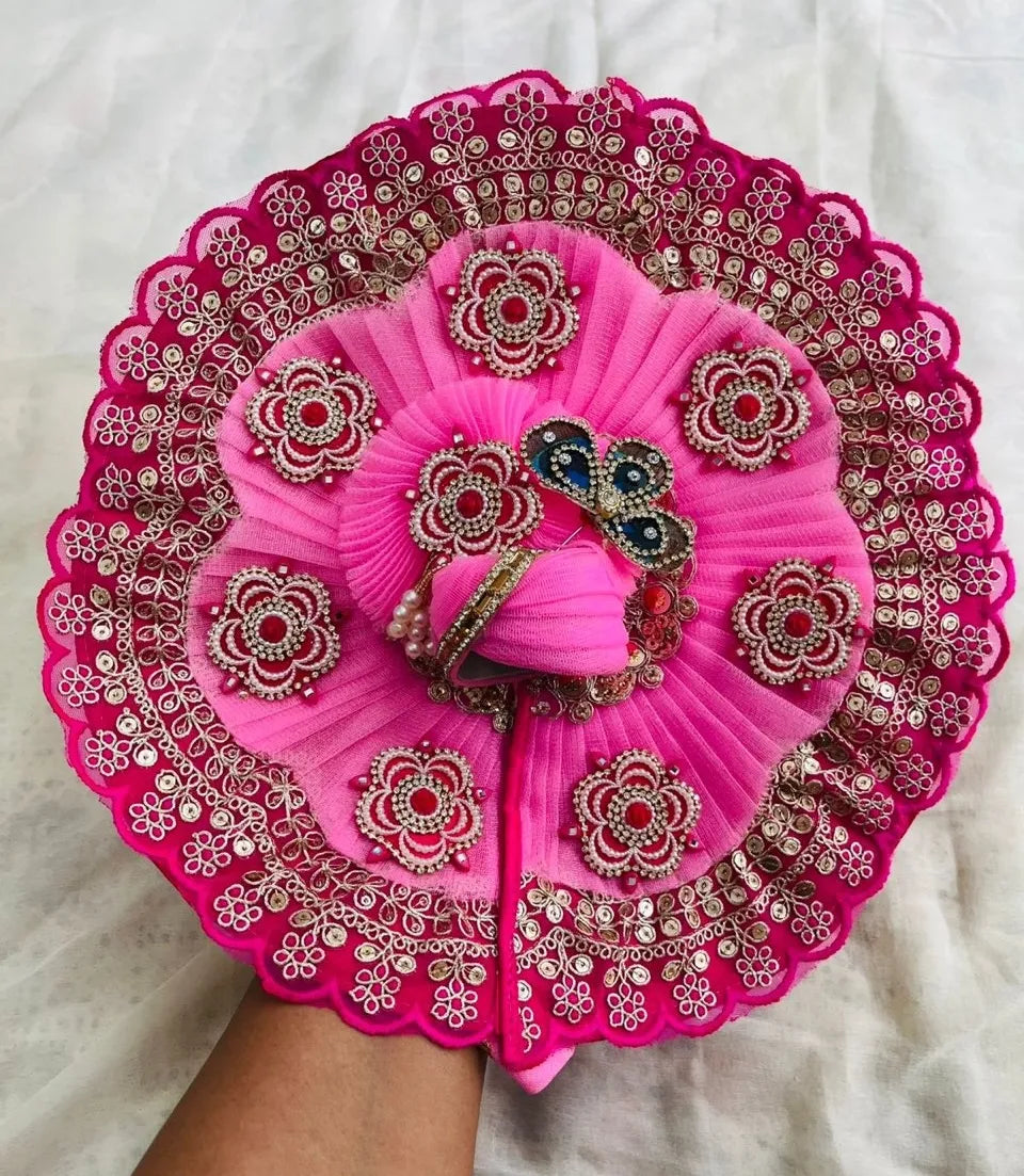 Pink Net Poshak With Flower Patches, Mukut and Kalangi