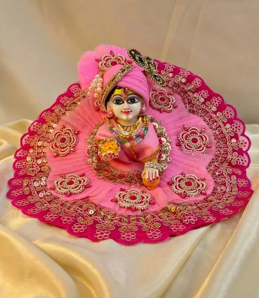 Pink Net Poshak With Flower Patches, Mukut and Kalangi