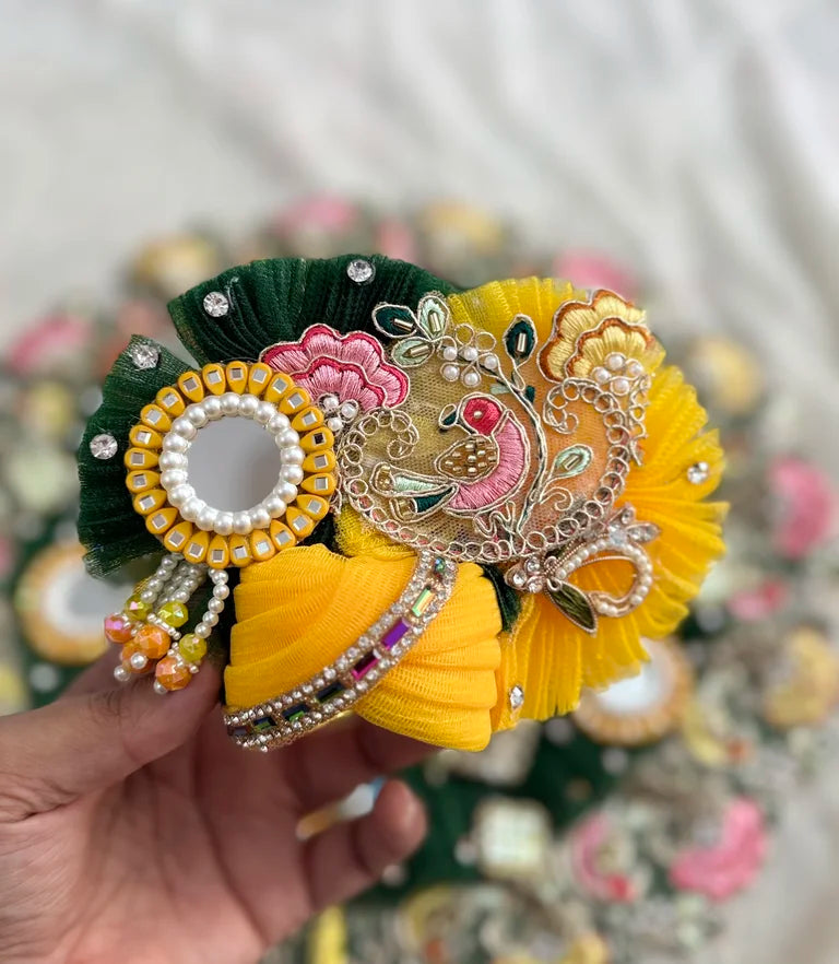 Yellow and Green Mirror Work Poshak with Mukut