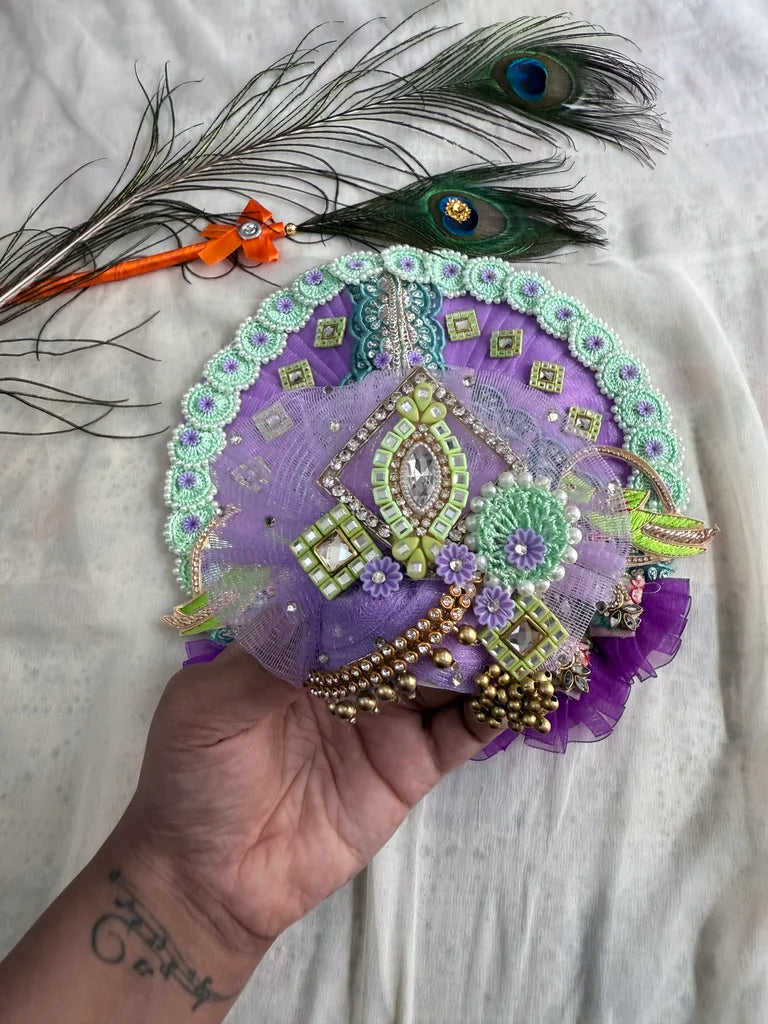 Royal Lavender Parrot Mirror Work Laddu Gopal Poshak with Mukut