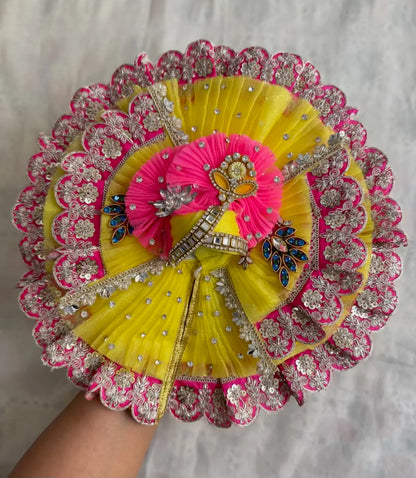 Yellow & Pink Net Poshak With Peacock Patch With Mukut