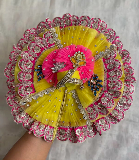 Yellow & Pink Net Poshak With Peacock Patch With Mukut