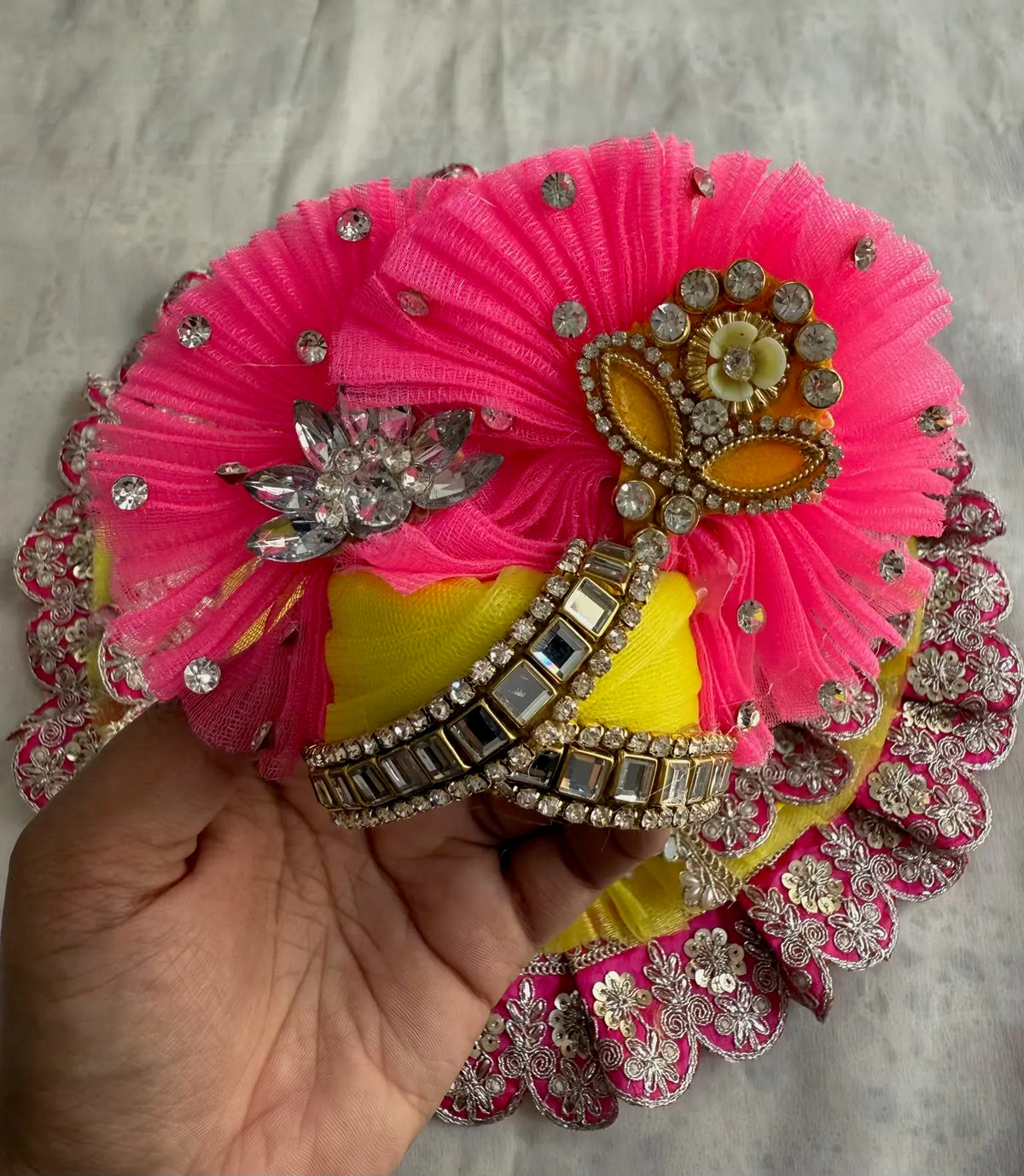 Yellow & Pink Net Poshak With Peacock Patch With Mukut