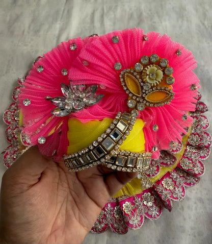 Yellow & Pink Net Poshak With Peacock Patch With Mukut