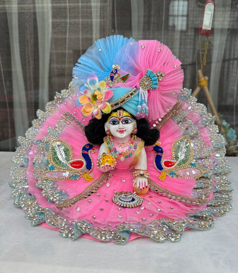 Pink Net Peacock and Mirror Lace Poshak with Mukut