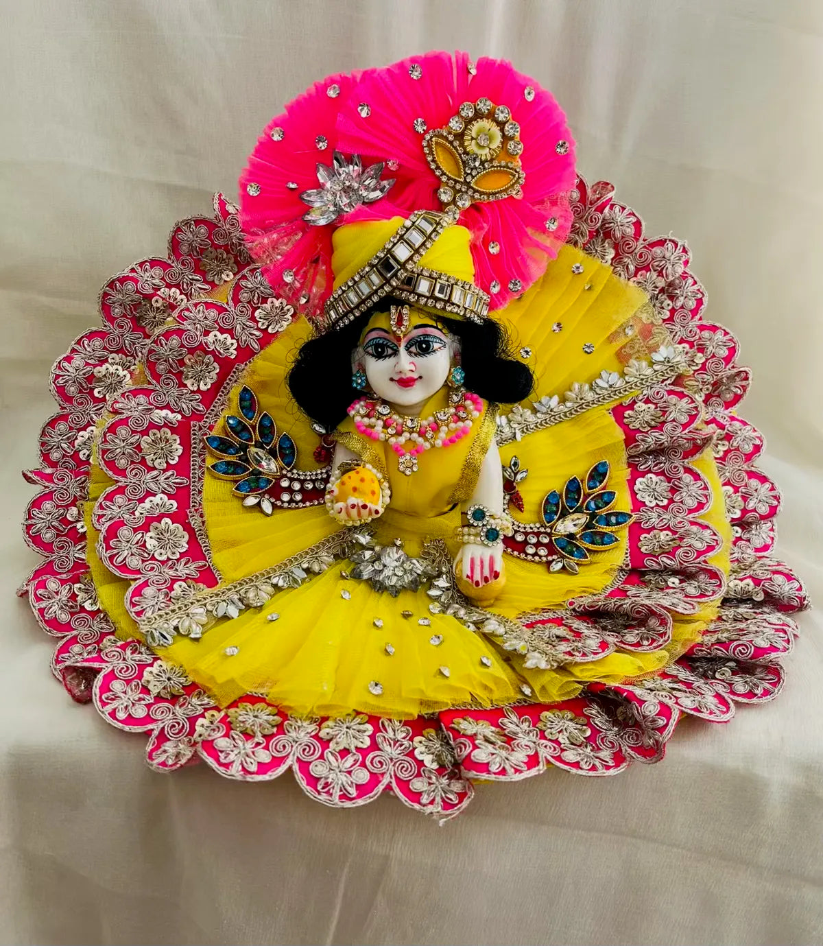 Yellow & Pink Net Poshak With Peacock Patch With Mukut