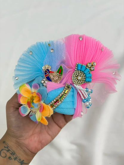Pink Net Peacock and Mirror Lace Poshak with Mukut
