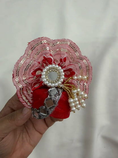 Red Floral Designer Poshak with Sequins Work & Mukut