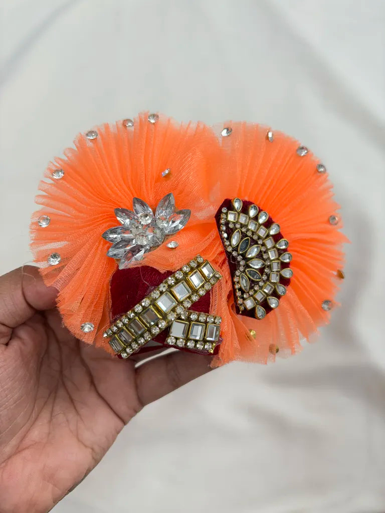 Peach Net & Maroon Lace Poshak With Mukut