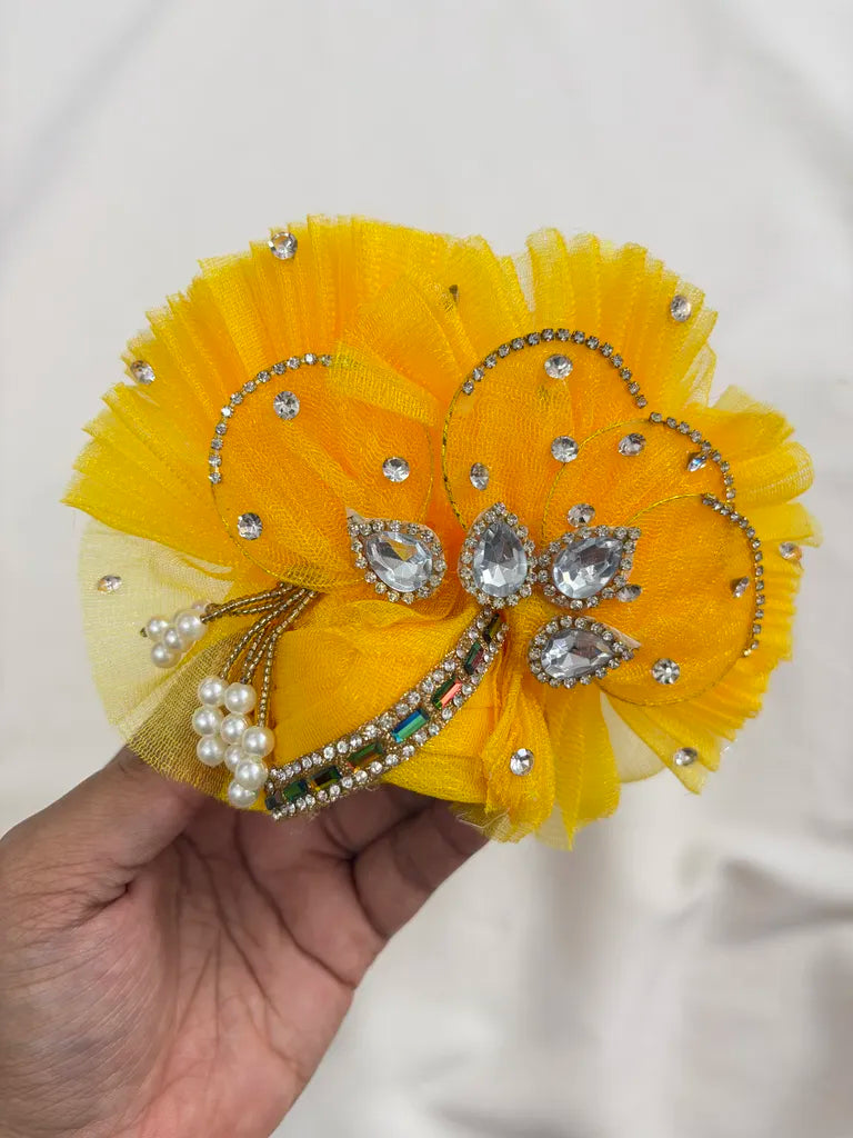 Yellow Petals Poshak with Heavy Stone Work and Mukut