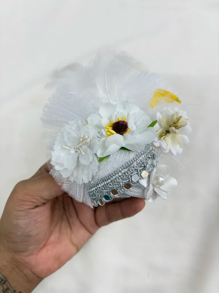 White Feather Floral Designer Poshak with Mukut