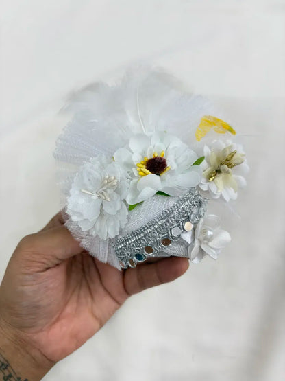 White Feather Floral Designer Poshak with Mukut