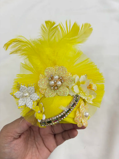 Yellow Feather Floral Designer Poshak with Mukut