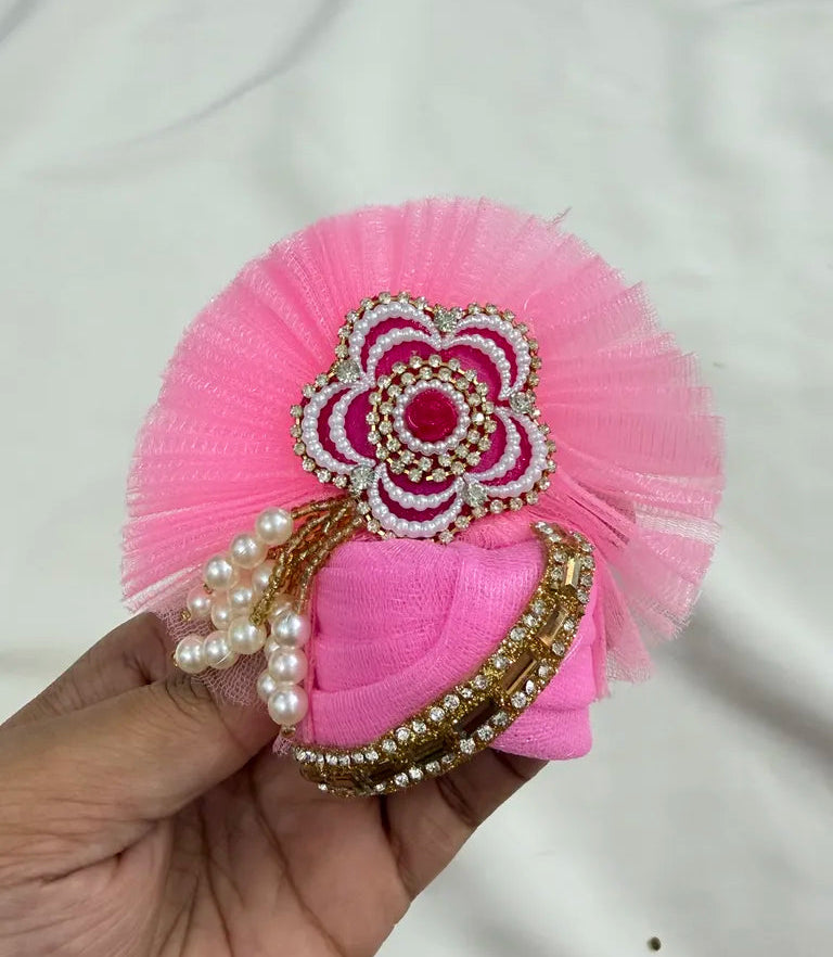 Pink Net Poshak With Flower Patches, Mukut and Kalangi