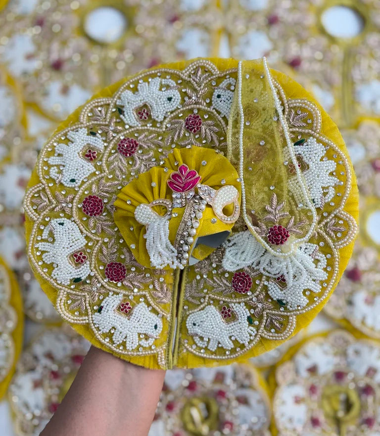 Yellow Handwork Laddu Gopal Poshak with Pearl & Elephant Embroidery