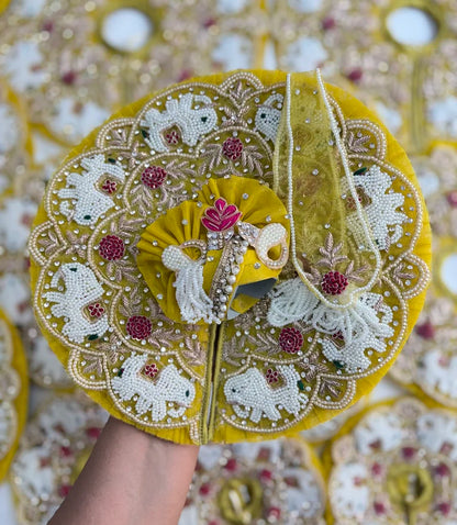 Yellow Handwork Laddu Gopal Poshak with Pearl & Elephant Embroidery