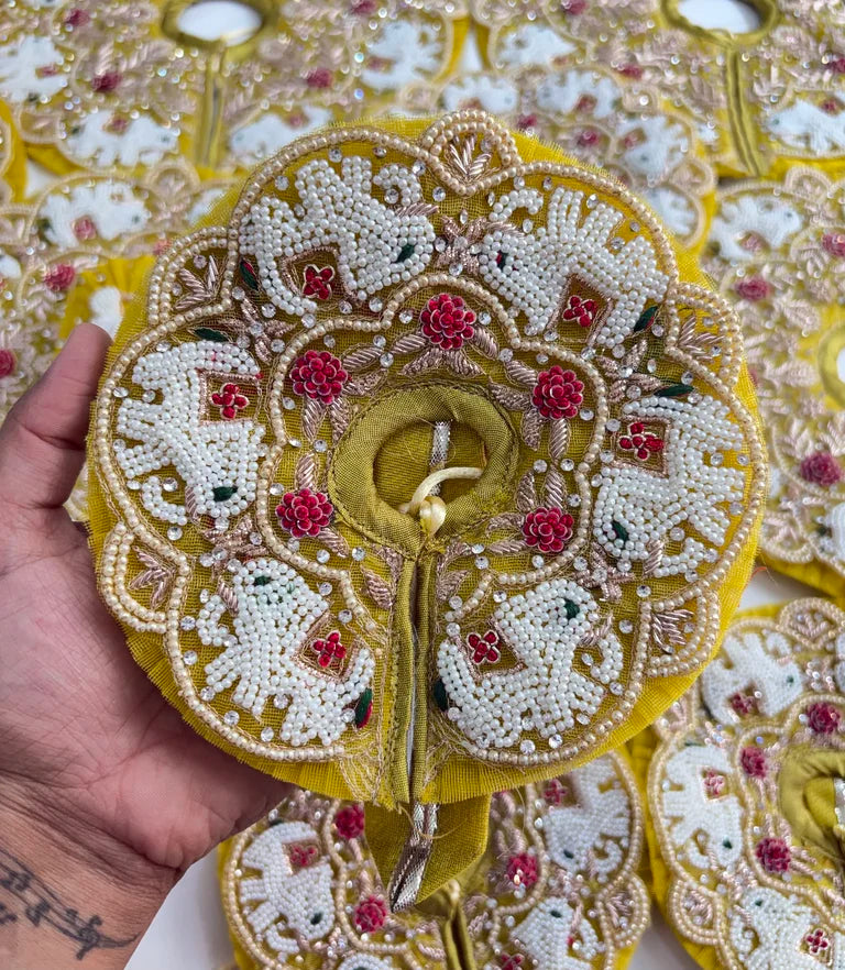 Yellow Handwork Laddu Gopal Poshak with Pearl & Elephant Embroidery