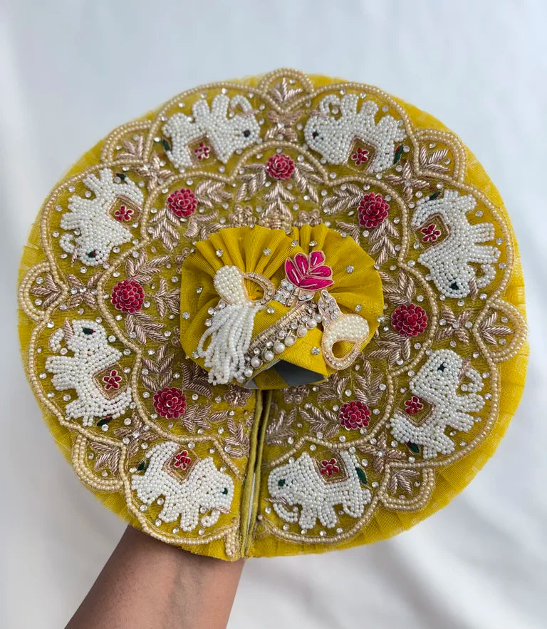 Yellow Handwork Laddu Gopal Poshak with Pearl & Elephant Embroidery