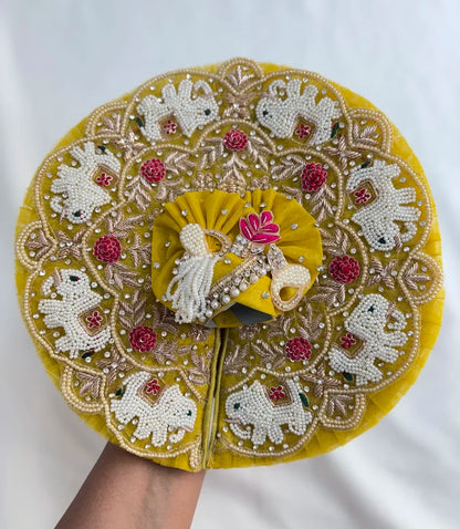 Yellow Handwork Laddu Gopal Poshak with Pearl & Elephant Embroidery