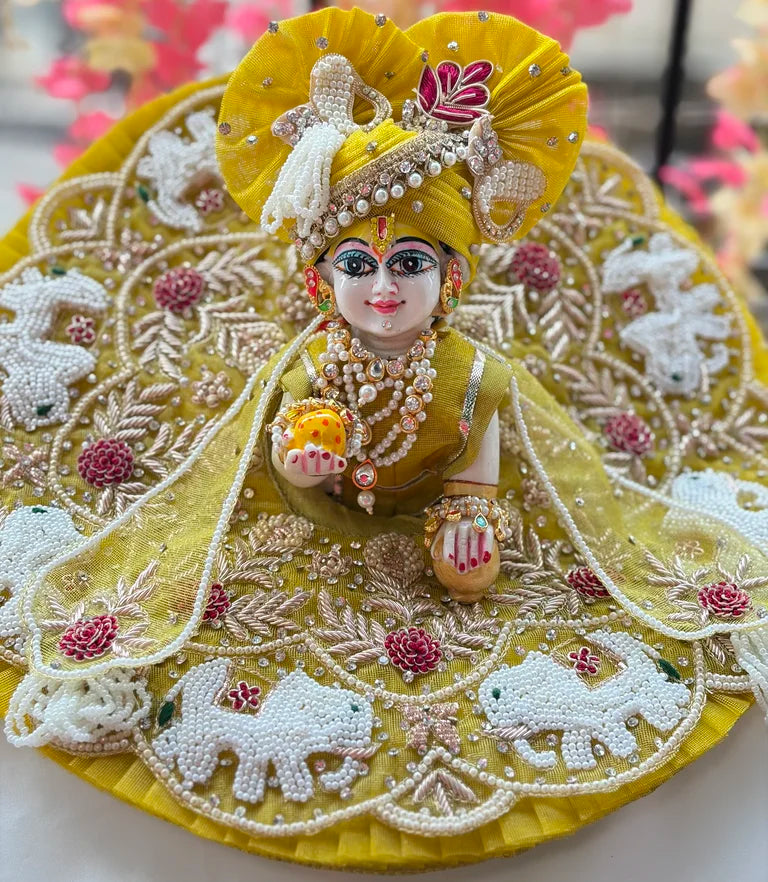 Yellow Handwork Laddu Gopal Poshak with Pearl & Elephant Embroidery