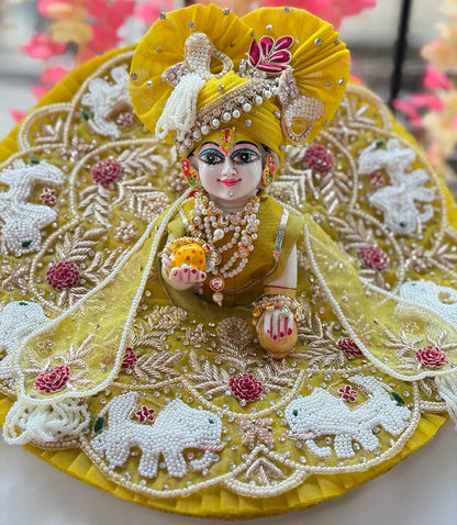 Yellow Handwork Laddu Gopal Poshak with Pearl & Elephant Embroidery