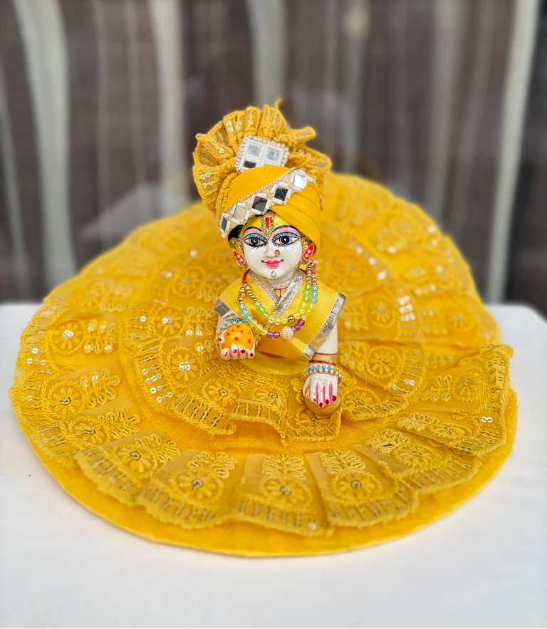 Yellow Lace Laddu Gopal Poshak with Mukut