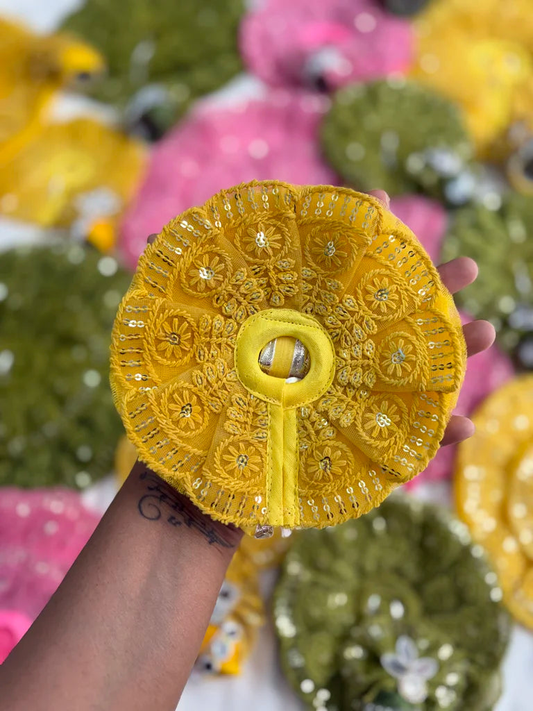 Yellow Lace Laddu Gopal Poshak with Mukut