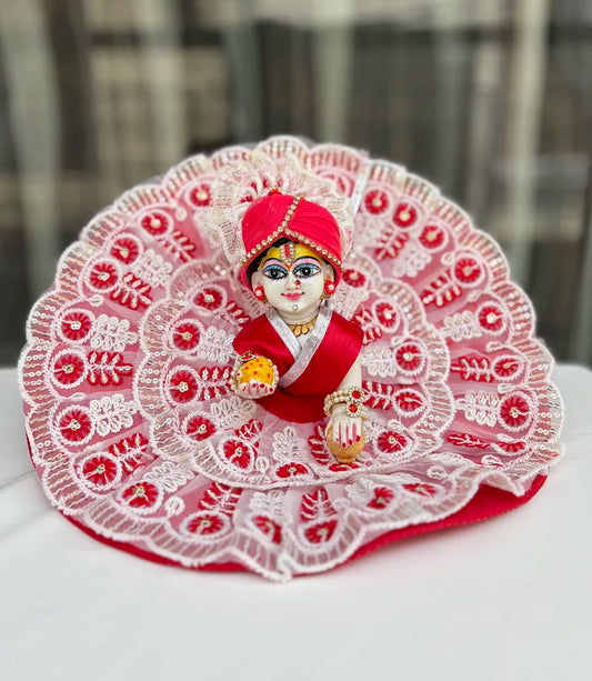 Red and White Laddu Gopal Ji Poshak with Mukut