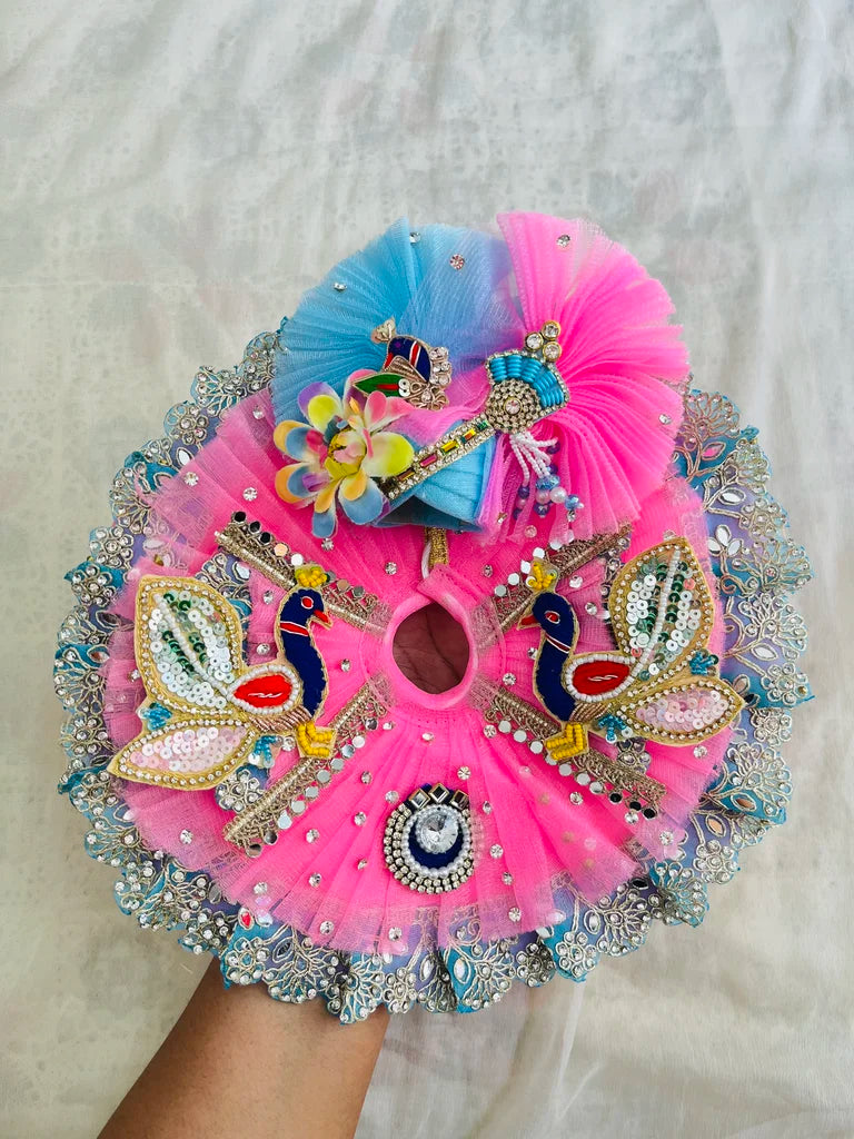 Pink Net Peacock and Mirror Lace Poshak with Mukut