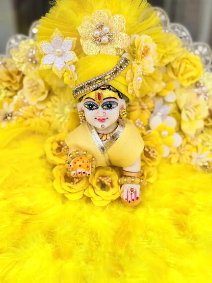 Yellow Feather Floral Designer Poshak with Mukut
