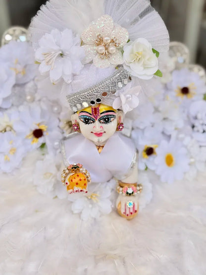 White Feather Floral Designer Poshak with Mukut