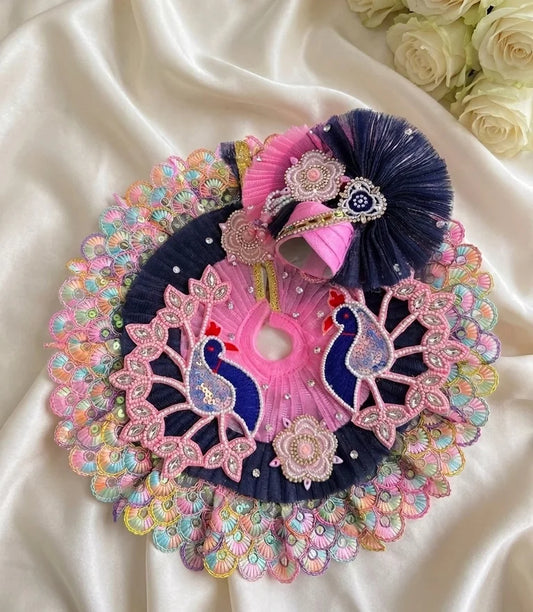 Navy Blue and Pink Peacock Laddu Gopal Poshak with Mukut