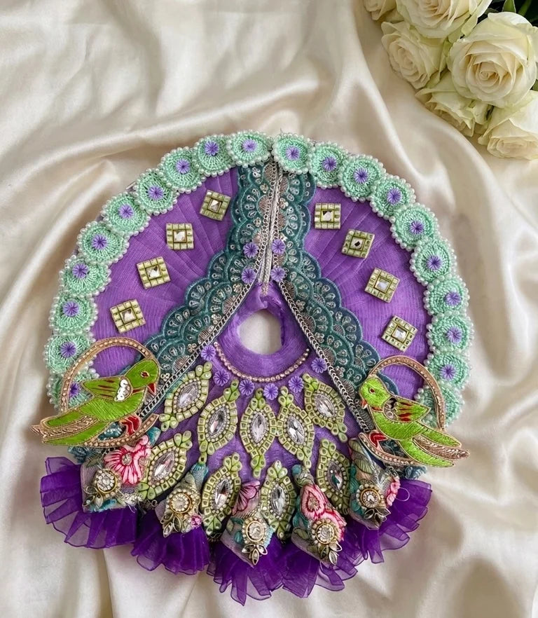 Royal Lavender Parrot Mirror Work Laddu Gopal Poshak with Mukut