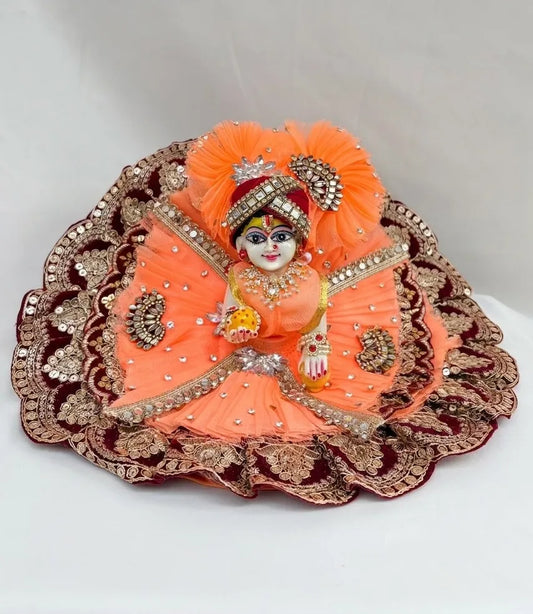 Peach Net & Maroon Lace Poshak for Janmashtami With Mukut