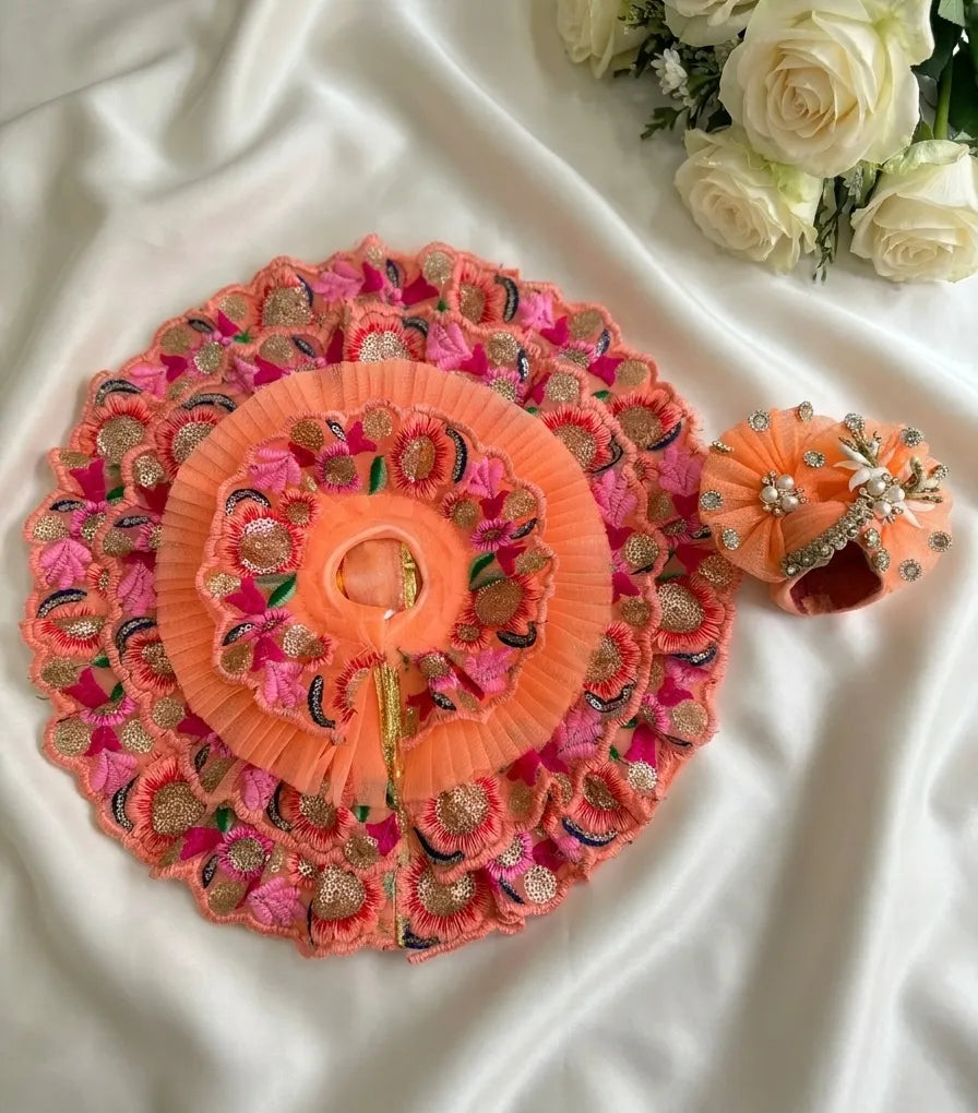 Peach Embroidered Lace Poshak with Mukut