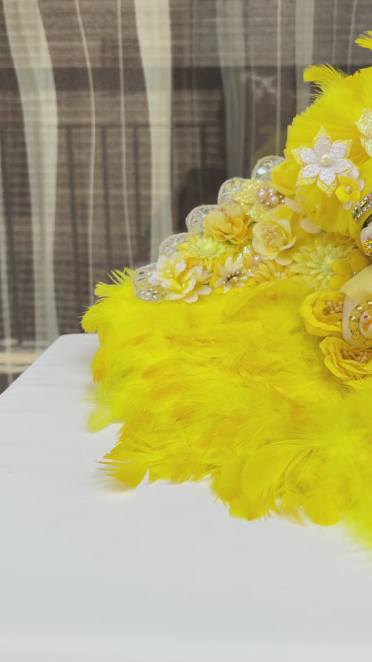 Laddu Gopal Yellow Feather Floral Designer Poshak with Mukut