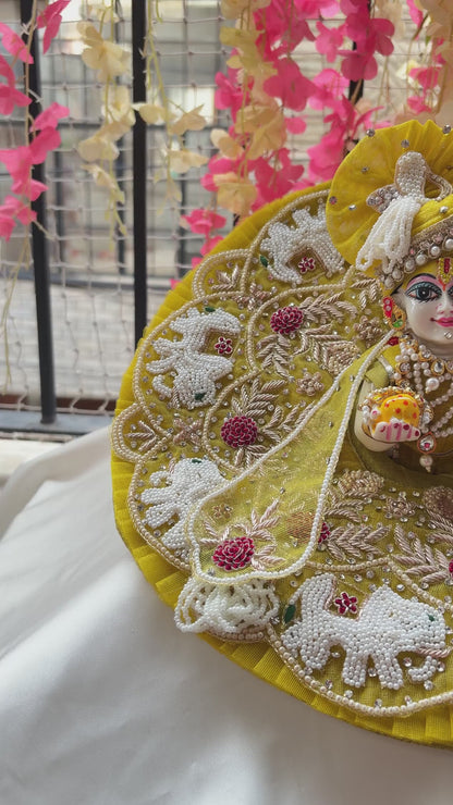 Yellow Handwork Laddu Gopal Poshak with Pearl & Elephant Embroidery