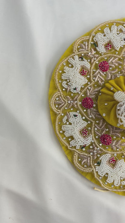 Yellow Handwork Laddu Gopal Poshak with Pearl & Elephant Embroidery