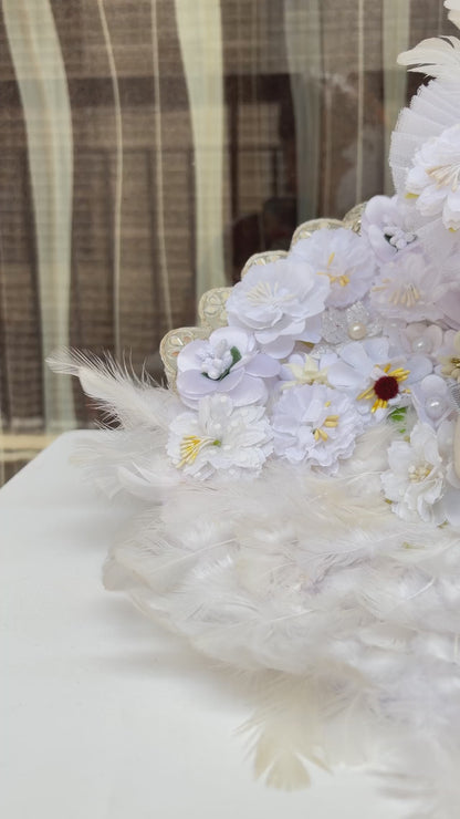 White Feather Floral Designer Poshak with Mukut