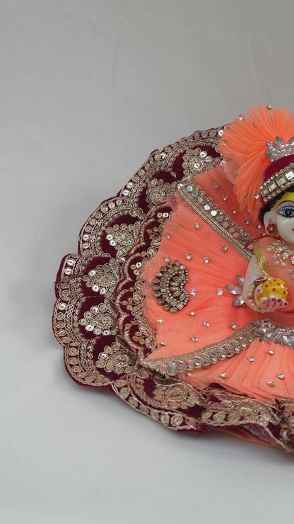 Peach Net & Maroon Lace Poshak With Mukut