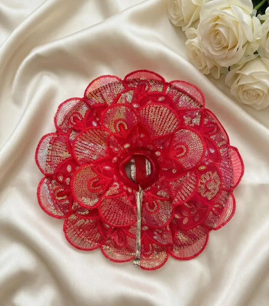 Red Sequin Floral Designer Poshak with Mukut