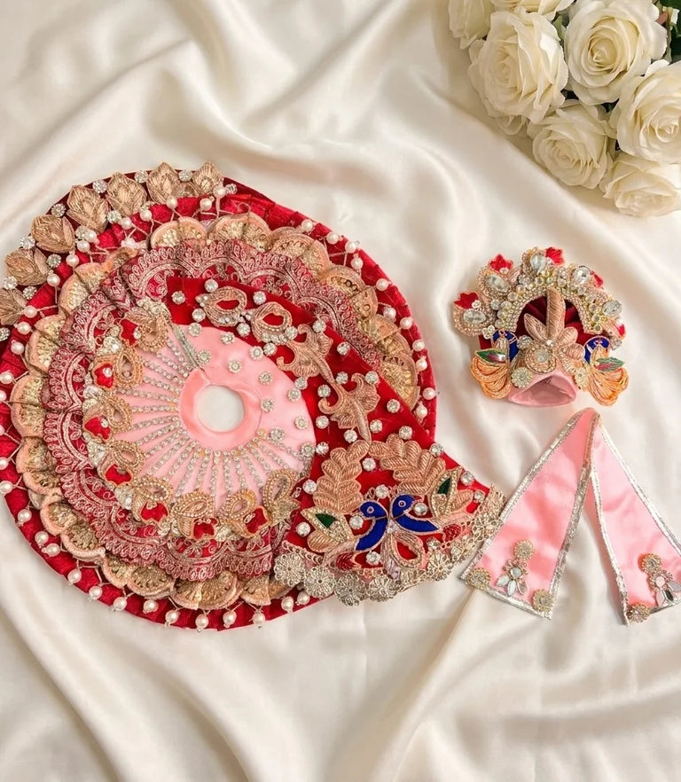 Royal Red and Baby Pink Handwork Poshak with Mukut and Patka