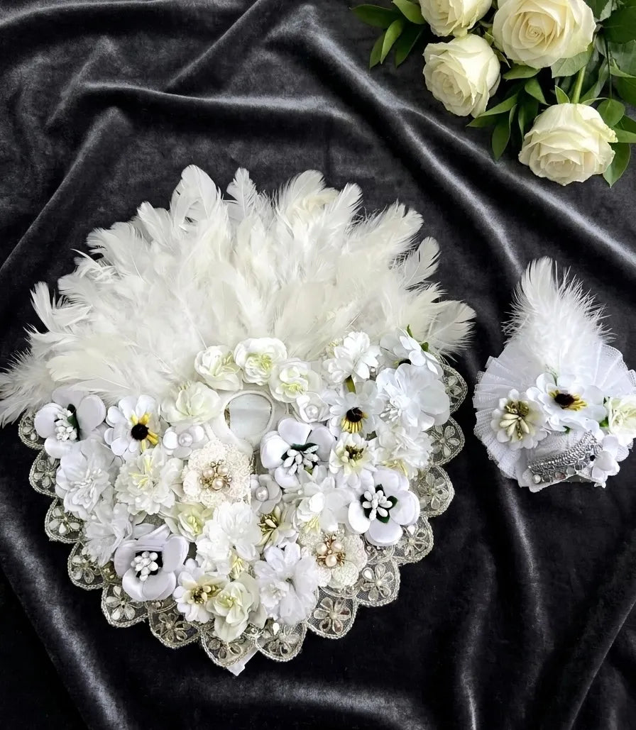 White Feather Floral Designer Poshak with Mukut