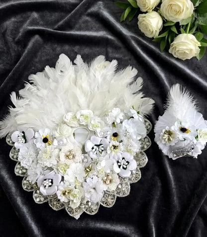 White Feather Floral Designer Poshak with Mukut