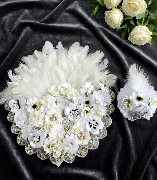 Laddu Gopal White Feather Floral Designer Poshak with Mukut