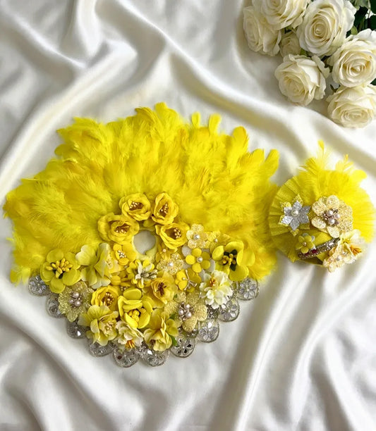 Laddu Gopal Yellow Feather Floral Designer Poshak with Mukut