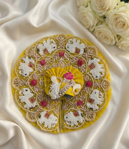 Yellow Handwork Laddu Gopal Poshak with Pearl & Elephant Embroidery